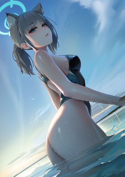 Anime-Bild 3508x4961 mit blue archive shiroko (blue archive) shiroko (swimsuit) (blue archive) huykho192 single long hair tall image looking at viewer fringe highres breasts blue eyes light erotic standing animal ears payot absurdres sky cloud (clouds) outdoors