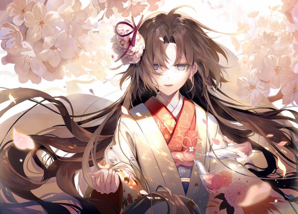Anime picture 1300x937 with kara no kyoukai type-moon ryougi shiki kouyafu single looking at viewer fringe open mouth hair between eyes brown hair upper body ahoge very long hair traditional clothes japanese clothes hair flower wind wide sleeves cherry blossoms floral print