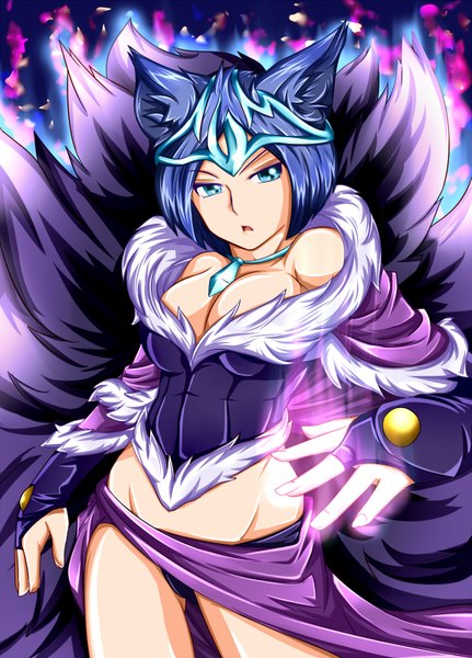 Anime picture 1150x1600 with league of legends ahri (league of legends) single tall image short hair blue eyes light erotic bare shoulders animal ears animal tail fox ears multiple tails girl hair ornament necklace