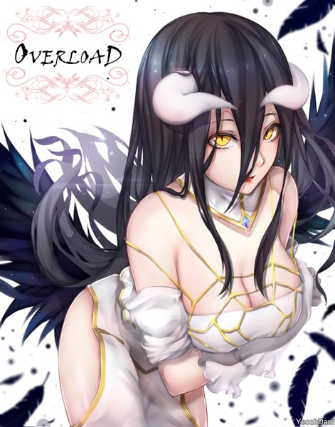 Anime picture 1100x1400 with overlord (maruyama) madhouse albedo (overlord) yeoohdam single long hair tall image looking at viewer fringe open mouth light erotic black hair hair between eyes white background bare shoulders yellow eyes cleavage horn (horns) from above copyright name