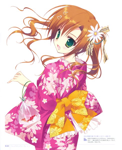 Anime picture 2460x3031 with hana x hana narumiya hana ryohka single long hair tall image highres open mouth simple background brown hair white background twintails green eyes traditional clothes japanese clothes hair flower wind scan official art girl