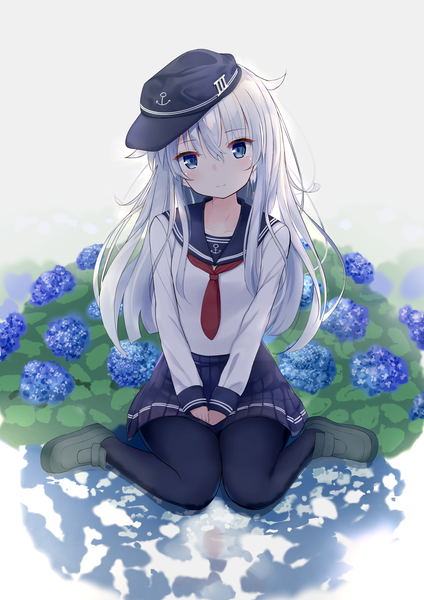 Anime picture 2894x4093 with kantai collection hibiki destroyer odeclea single long hair tall image looking at viewer blush fringe highres blue eyes smile hair between eyes silver hair full body long sleeves head tilt pleated skirt girl skirt