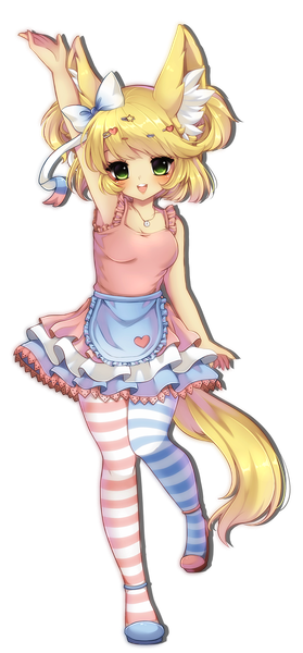 Anime picture 1267x2724 with original midna01 single tall image looking at viewer blush short hair blonde hair smile green eyes animal ears full body tail animal tail fox ears fox tail fox girl transparent background girl dress