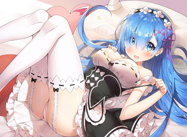 Anime picture 1200x877 with re:zero kara hajimeru isekai seikatsu white fox rem (re:zero) hakugei (re:zero) ayami (annahibi) single long hair looking at viewer blush fringe breasts open mouth blue eyes light erotic smile large breasts blue hair cleavage bent knee (knees) lying