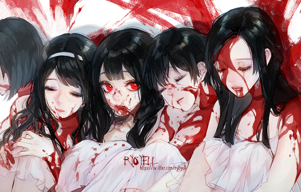 Anime picture 898x573 with original ryoyell long hair fringe light erotic black hair red eyes sitting multiple girls signed looking away eyes closed blood on face bloody clothes bleeding girl headphones blood 5 girls