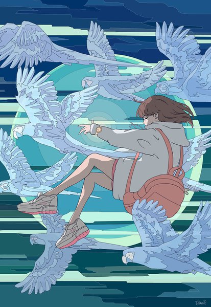 Anime picture 1000x1450 with original klasse14 seraphitalg single tall image short hair brown hair full body ahoge eyes closed outstretched arm girl animal shoes shorts bird (birds) hood short shorts clock hoodie