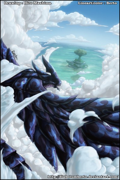 Anime picture 900x1352 with fairy tail acnologia diabolumberto tall image open mouth red eyes sky cloud (clouds) teeth coloring reflection sharp teeth plant (plants) animal wings tree (trees) water sea dragon island