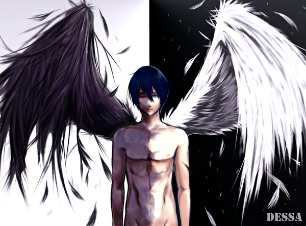Anime picture 1900x1404 with noragami studio bones yato (noragami) dessa-nya single fringe highres short hair light erotic standing purple hair aqua eyes groin shirtless asymmetrical wings boy wings feather (feathers)