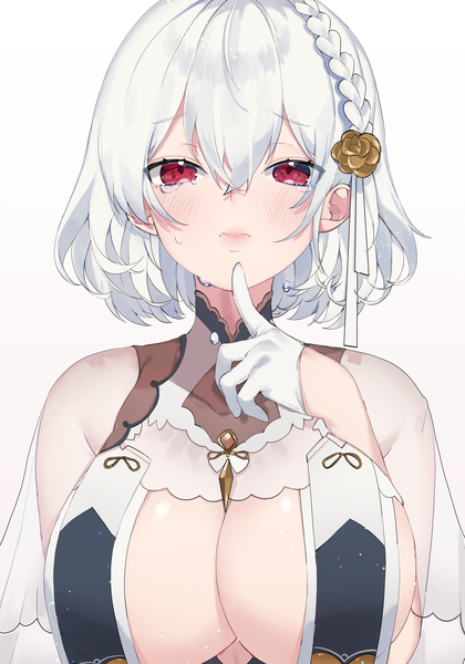 Anime picture 2800x4000 with azur lane sirius (azur lane) sirius (azure horizons) (azur lane) myao (o3o333) single tall image looking at viewer blush fringe highres short hair breasts light erotic simple background hair between eyes red eyes large breasts white background upper body white hair