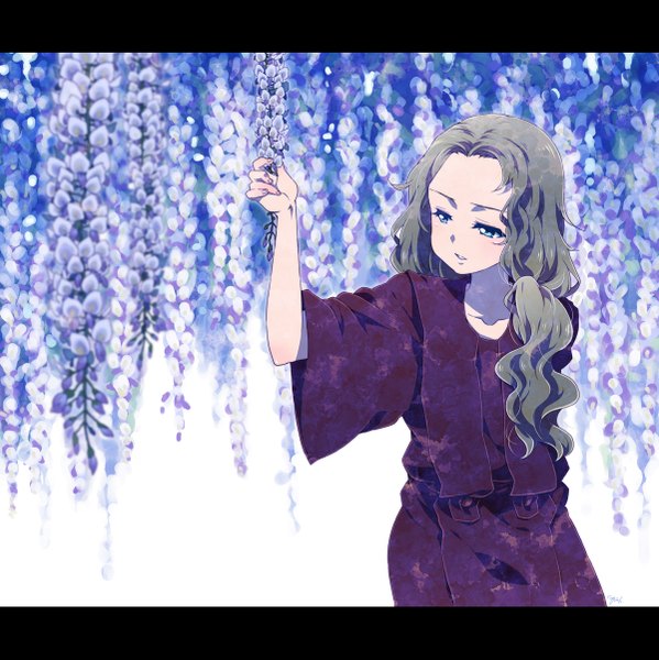 Anime picture 1200x1203 with original takanashi ringo single long hair blue eyes brown hair wavy hair girl flower (flowers) wisteria