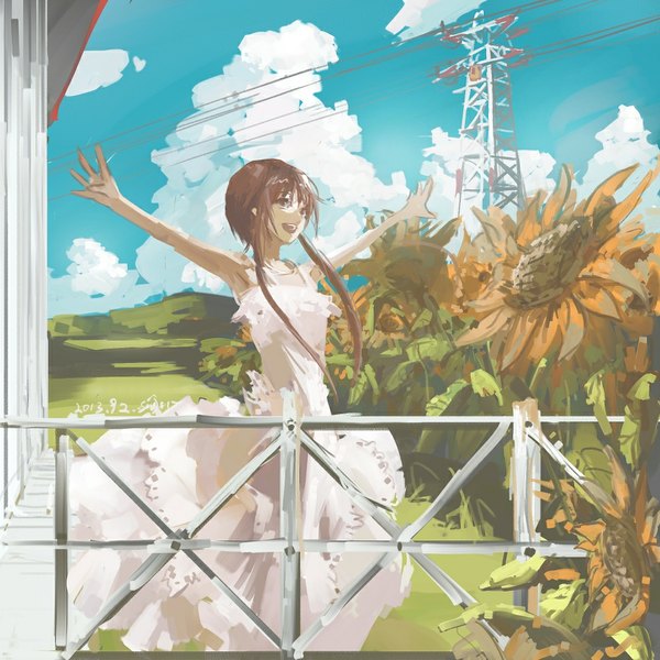 Anime picture 1000x1000 with original stu dts single long hair open mouth brown hair brown eyes signed looking away sky cloud (clouds) sleeveless spread arms girl dress flower (flowers) white dress fence sunflower power lines