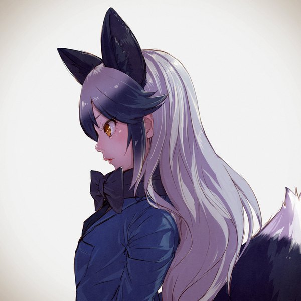 Anime picture 1920x1920 with kemono friends silver fox (kemono friends) takami masahiro single long hair blush fringe highres black hair simple background hair between eyes brown eyes animal ears looking away silver hair upper body tail animal tail profile multicolored hair