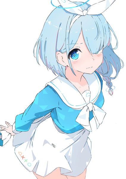 Anime picture 1488x2105 with blue archive arona (blue archive) runep single tall image looking at viewer blush fringe short hair blue eyes simple background white background blue hair braid (braids) from above hair over one eye side braid girl skirt uniform