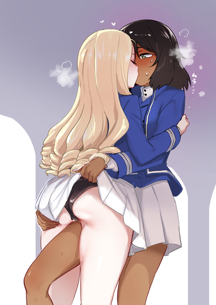Anime picture 2894x4093 with girls und panzer marie (girls und panzer) andou (girls und panzer) aomushi (mushamusha) long hair tall image blush highres short hair light erotic black hair blonde hair multiple girls green eyes ass eyes closed long sleeves profile pleated skirt sweat