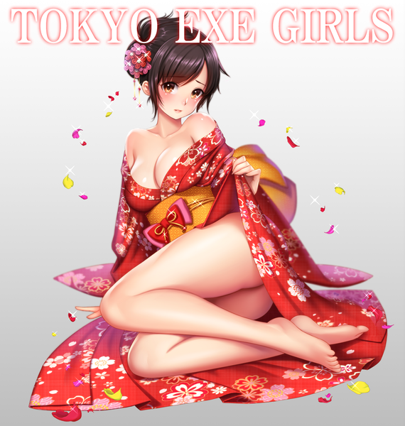 Anime picture 958x1008 with tokyo exe girls yoyogi akari re:shimashima single tall image looking at viewer blush breasts light erotic black hair brown eyes traditional clothes japanese clothes hair flower inscription bare legs legs copyright name girl hair ornament