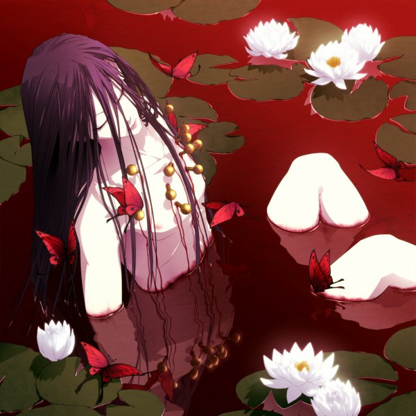Anime picture 1200x1200 with hunter x hunter illumi zoldyck jiroko single long hair light erotic sitting bare shoulders purple hair nipples eyes closed reflection topless pale skin boy flower (flowers) plant (plants) water leaf (leaves) insect