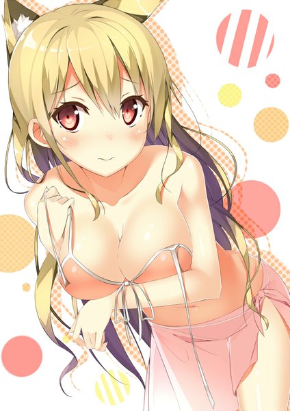 Anime picture 626x885 with original hatsuki kaname single long hair tall image looking at viewer blush breasts light erotic blonde hair red eyes large breasts standing bare shoulders animal ears bare belly leaning leaning forward fox ears polka dot