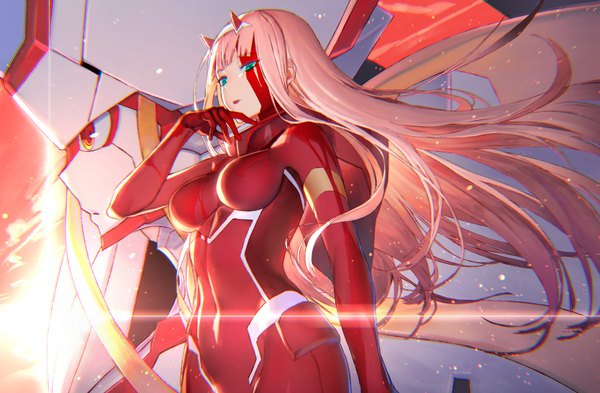 Anime picture 1800x1180 with darling in the franxx studio trigger zero two (darling in the franxx) strelizia ac (eshi) single long hair looking at viewer fringe highres breasts light erotic large breasts standing green eyes pink hair blunt bangs horn (horns) wind sunlight