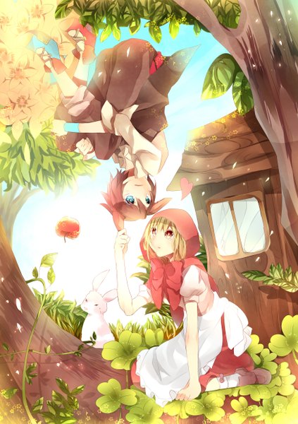 Anime picture 1748x2480 with omutatsu tall image highres short hair blue eyes blonde hair red eyes brown hair animal ears absurdres upside down bow plant (plants) tree (trees) hood bunny apple