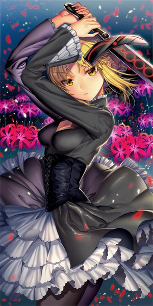 Anime picture 450x900 with fate (series) fate/stay night type-moon artoria pendragon (all) saber ells (ellsat) single long hair tall image blonde hair yellow eyes girl dress flower (flowers) weapon petals pantyhose sword black dress corset