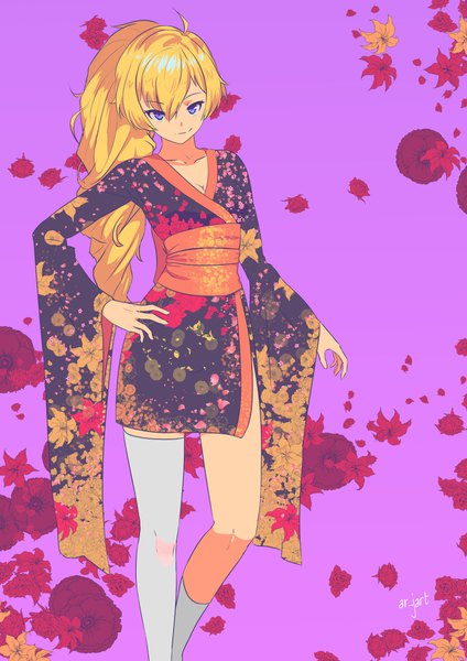 Anime picture 2896x4096 with rwby rooster teeth yang xiao long ar jart single long hair tall image looking at viewer fringe highres blonde hair smile hair between eyes purple eyes signed ahoge ponytail traditional clothes japanese clothes hand on hip