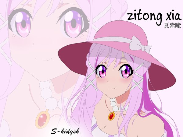 Anime picture 2000x1500 with aishen qiaokeli-ing... zitong xia s-kidysh single looking at viewer blush fringe highres smile bare shoulders signed payot pink hair pink eyes shadow character names text portrait english vector