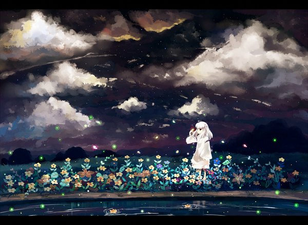 Anime picture 2000x1464 with inuyasha kanna (inuyasha) saik (pixiv2239866) single highres sky cloud (clouds) white hair long sleeves japanese clothes night scenic girl flower (flowers) water fireflies