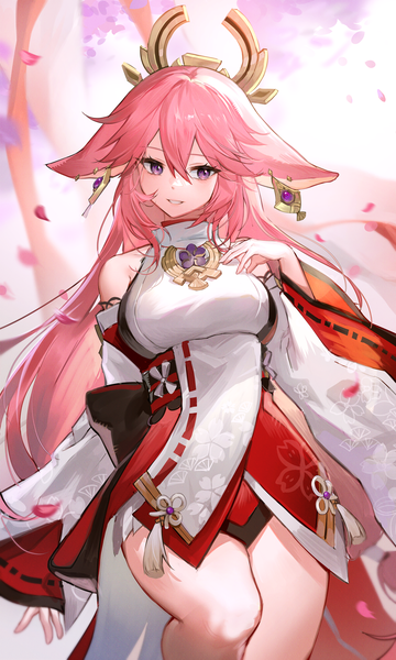 Anime picture 3000x5000 with genshin impact yae miko nannaspad single long hair tall image fringe highres hair between eyes purple eyes animal ears looking away pink hair traditional clothes japanese clothes fox ears nontraditional miko girl detached sleeves earrings