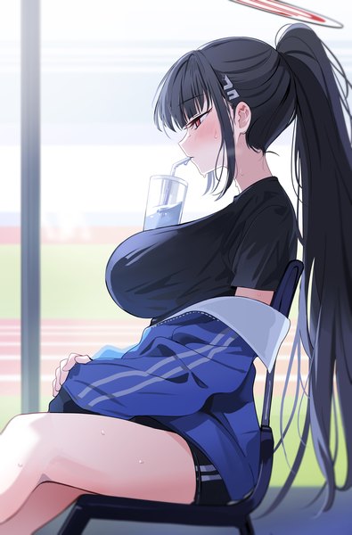 Anime picture 3820x5804 with blue archive rio (blue archive) yuki (asayuki101) single long hair tall image fringe highres breasts light erotic black hair red eyes large breasts sitting payot absurdres outdoors ponytail blunt bangs profile