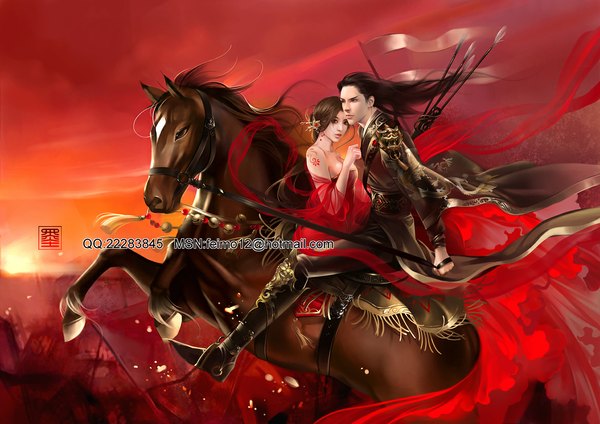 Anime picture 1169x827 with feimo long hair black hair brown hair brown eyes wind realistic couple girl dress boy ribbon (ribbons) earrings animal jewelry red dress flag arrow (arrows) horse