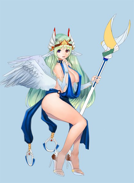 Anime picture 800x1094 with bling single long hair tall image light erotic simple background looking away green hair legs heterochromia blue background angel wings head wings girl wings staff