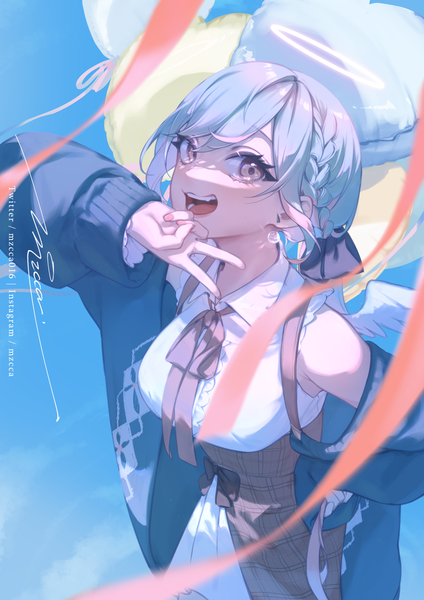 Anime picture 2480x3508 with original mzcca single long hair tall image looking at viewer fringe highres hair between eyes signed silver hair grey eyes hand on hip victory girl ribbon (ribbons) earrings wings halo cardigan