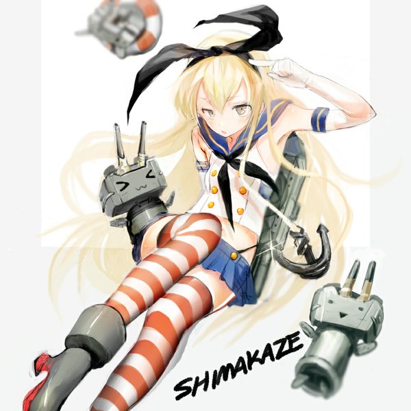 Anime picture 1000x1000 with kantai collection shimakaze destroyer rensouhou-chan nanase miri single looking at viewer blush open mouth simple background blonde hair white background sitting yellow eyes very long hair grey background character names > < girl thighhighs skirt