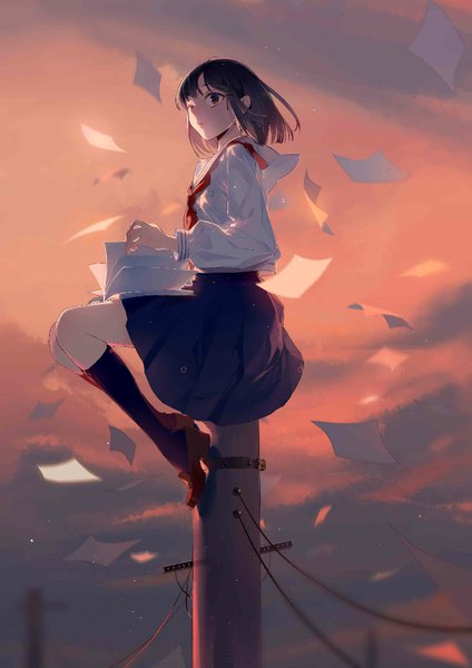 Anime picture 826x1169 with original zhibuji loom single tall image fringe short hair black hair sitting brown eyes looking away sky full body long sleeves parted lips wind evening sunset girl skirt uniform