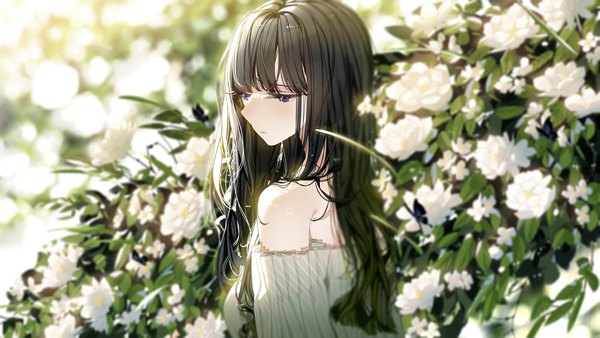 Anime picture 1920x1080 with original atha (leejuiping) single long hair fringe highres blue eyes black hair wide image looking away upper body blunt bangs hair over shoulder girl flower (flowers)