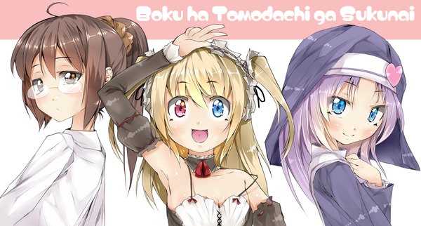 Anime picture 2333x1254 with boku wa tomodachi ga sukunai hasegawa kobato takayama maria shiguma rika shikinyan (artist) long hair blush highres open mouth blue eyes black hair blonde hair wide image multiple girls brown eyes purple hair ponytail loli two side up heterochromia