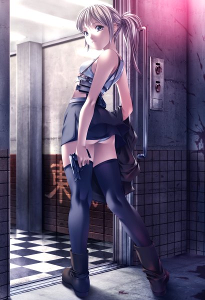 Anime picture 820x1200 with original rezi long hair tall image light erotic blonde hair bare shoulders ponytail black eyes pantyshot checkered floor girl thighhighs underwear panties weapon black thighhighs miniskirt boots gun