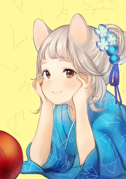 Anime picture 2894x4093 with original ikoan single tall image looking at viewer fringe highres short hair simple background smile brown eyes animal ears silver hair upper body blunt bangs traditional clothes japanese clothes hair flower hair bun (hair buns) yellow background