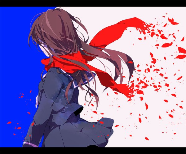 Anime picture 800x664 with kagerou project shaft (studio) tateyama ayano kamari (kama ri) single long hair simple background brown hair wind from behind letterboxed girl uniform petals serafuku scarf