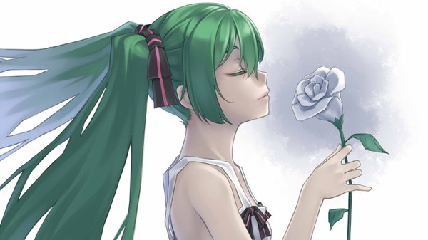 Anime picture 1600x900 with vocaloid hatsune miku h kasei single long hair wide image twintails bare shoulders eyes closed profile green hair girl flower (flowers) bow hair bow sundress