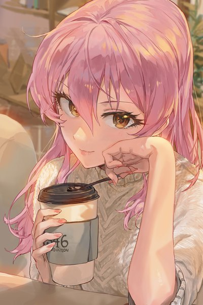 Anime picture 1000x1500 with idolmaster idolmaster cinderella girls jougasaki mika modare single long hair tall image looking at viewer fringe smile hair between eyes sitting holding yellow eyes pink hair nail polish fingernails arm support long fingernails pink nail polish