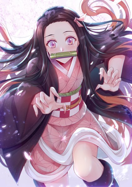 Anime picture 3507x4960 with kimetsu no yaiba ufotable kamado nezuko gu li single long hair tall image looking at viewer blush highres breasts black hair holding absurdres long sleeves traditional clothes japanese clothes pink eyes multicolored hair fingernails