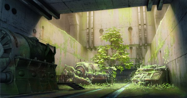 Anime picture 2500x1319 with original rapt (47256) highres wide image sunlight no people scenic overgrown stream plant (plants) tree (trees) wall moss factory