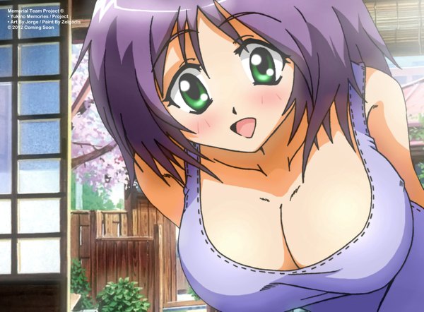 Anime picture 2309x1704 with memories yukino ozawa zel-sama single looking at viewer blush highres short hair breasts open mouth light erotic large breasts green eyes purple hair girl