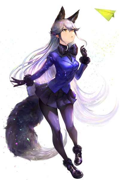 Anime picture 1450x2048 with kemono friends silver fox (kemono friends) shogo (shogo) single tall image blush breasts open mouth simple background white background animal ears yellow eyes payot silver hair tail very long hair animal tail pleated skirt multicolored hair wind