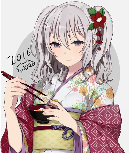 Anime picture 895x1065 with kantai collection kashima training cruiser oniku (oishii oniku) single long hair tall image simple background smile hair between eyes twintails silver hair traditional clothes japanese clothes hair flower grey background grey eyes new year happy new year 2016 akeome