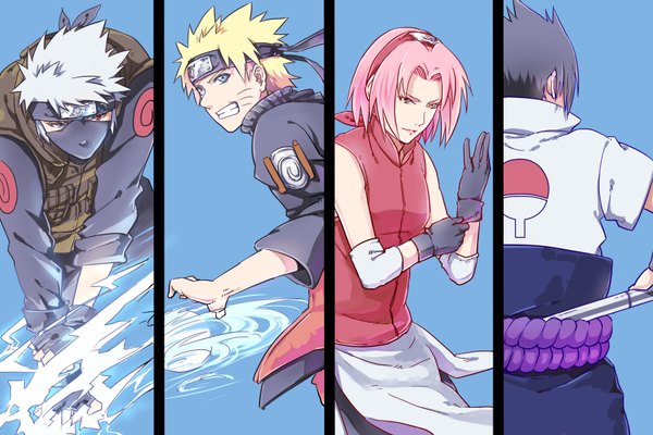 イラスト 1800x1200 と ナルト 株式会社ぴえろ naruto (series) うずまきナルト うちはサスケ 春野サクラ はたけカカシ shikaobing highres 短い髪 青い目 黒髪 金髪 笑顔 立つ 緑の目 looking away ピンク髪 grey hair back