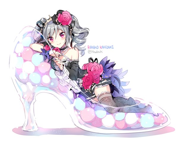 Anime picture 1200x951 with idolmaster idolmaster cinderella girls kanzaki ranko nardack single long hair looking at viewer blush simple background smile white background twintails pink eyes hair flower grey hair wide sleeves no shoes zettai ryouiki character names drill hair