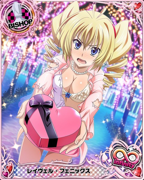 Anime picture 640x800 with highschool dxd ravel phenex single long hair tall image looking at viewer blush open mouth blue eyes light erotic blonde hair twintails cleavage torn clothes drill hair card (medium) valentine girl thighhighs dress