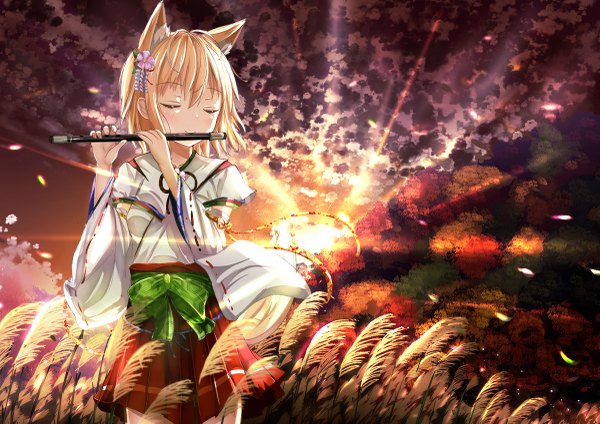 Anime picture 1200x849 with original morerin single short hair blonde hair animal ears cloud (clouds) eyes closed traditional clothes fox ears evening sunset miko girl hair ornament plant (plants) musical instrument flute susuki grass